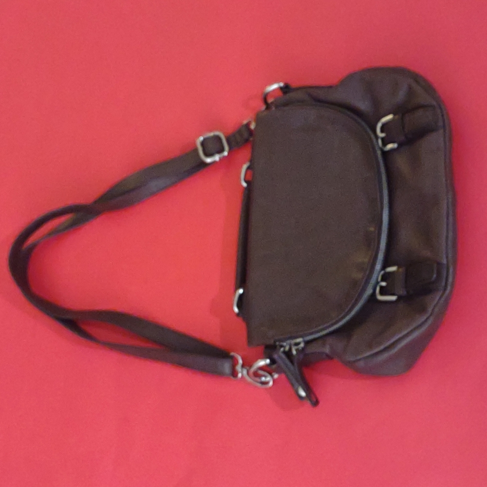 Danier chocolate brown leather purse with detachable strap silver hardware